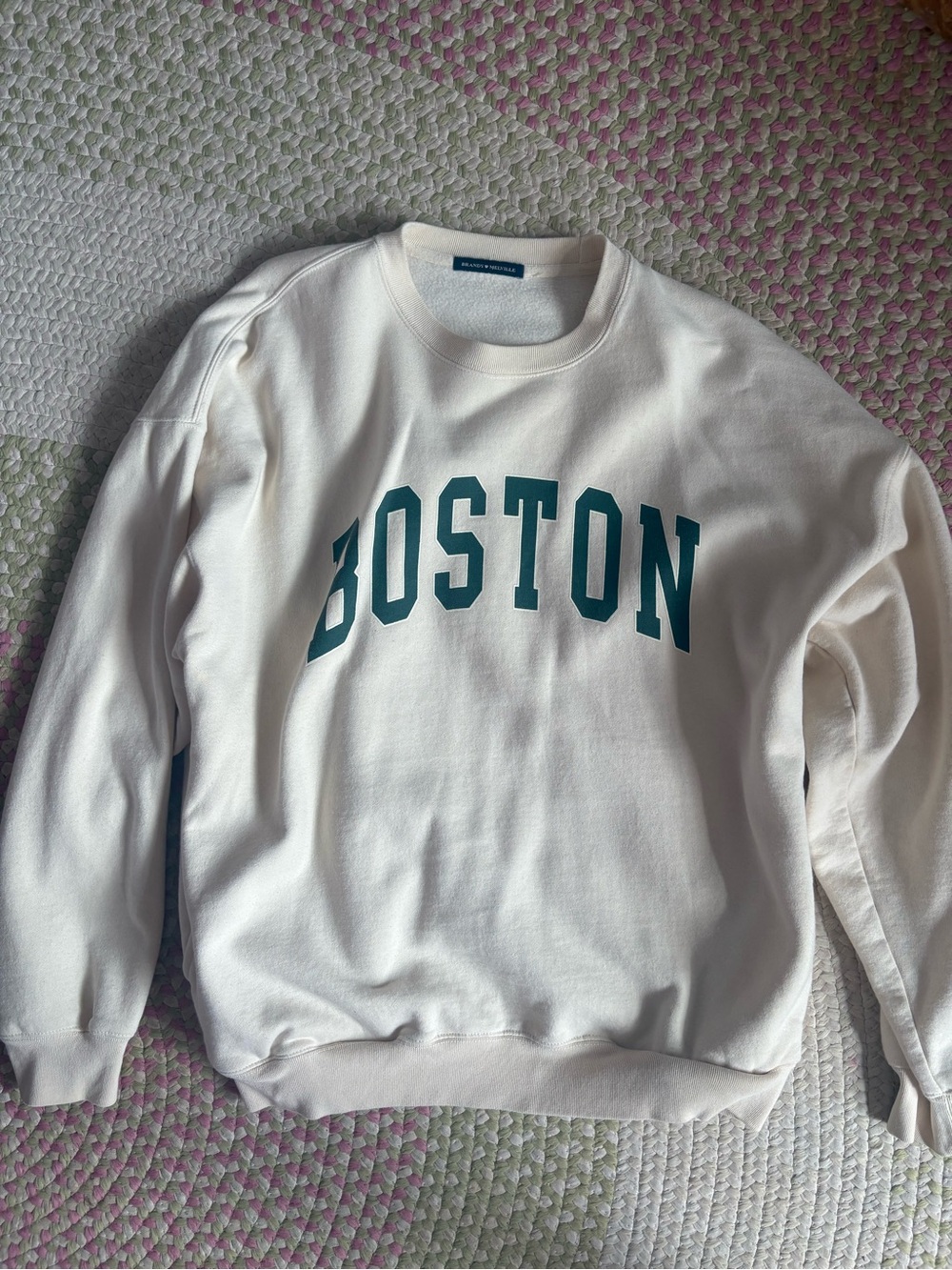 Brandy Melville White Crewneck with Green Boston Print